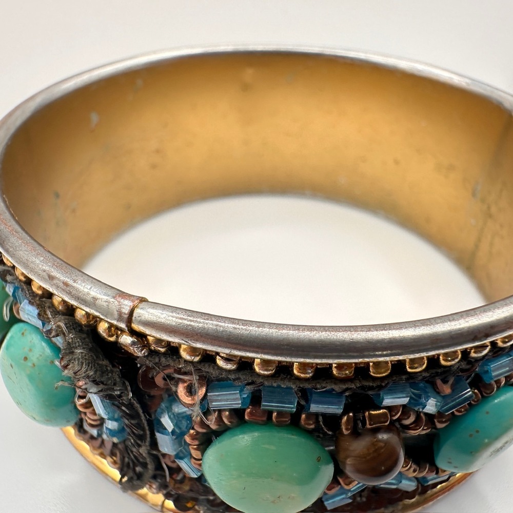 Vintage 90s Mixed Media Bangle Bracelet Turquoise Tiger Eye Glass Beaded Boho - Picture 8 of 12
